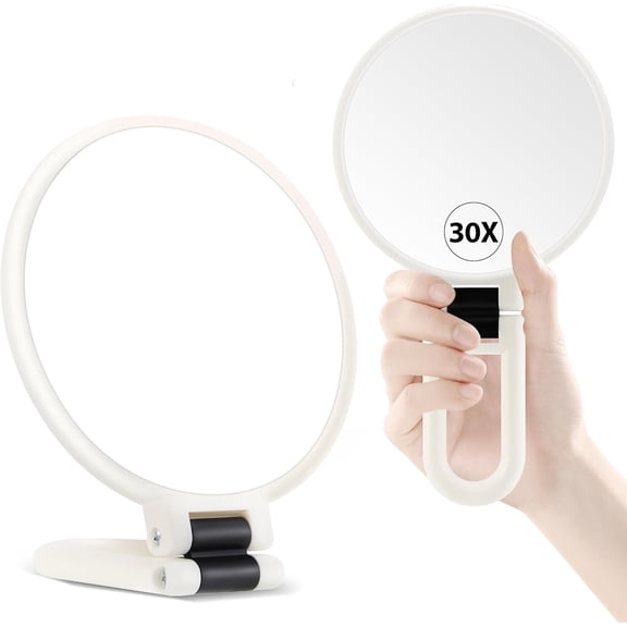 GoXteam 1X/30X Magnifying Handheld Mirror Double Sided, Foldable Travel Makeup Mirror, Adjustable Rotation Pedestal Hand, Hanging, Desk Vanity Mirror, White