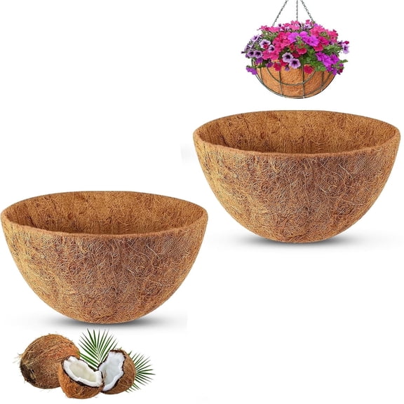 GoXteam 2 Pack 14 Inch Hanging Basket Coco Liners Replacement, 100% Natural Round Coconut Coco Fiber Planter Basket Liners for Hanging Basket Flowers/Vegetables