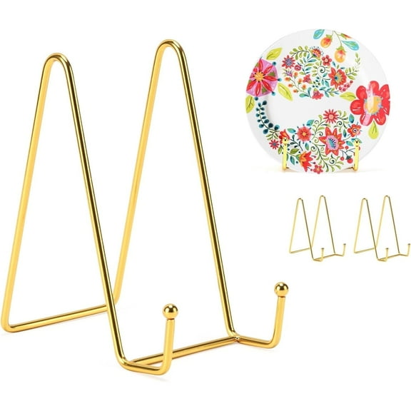 FASTBIRD 2 Pack 6 Inch Plate Stands for Display - Plate Holder Display Stand + Metal Frame Holder Stand for Picture, Decorative Plate, Book, Photo Easel (Gold 2 Pack)