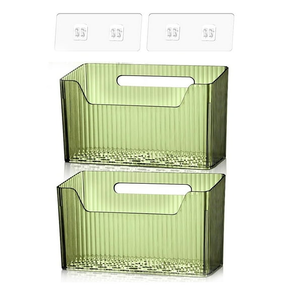 GoXteam 2 Pack Wall Mounted Organizer Basket Clear Green Stackable Hanging Baskets Plastic Cabinet Door Organizer for Organizing for Wall Refrigerator Kitchen Bathroom Pantry