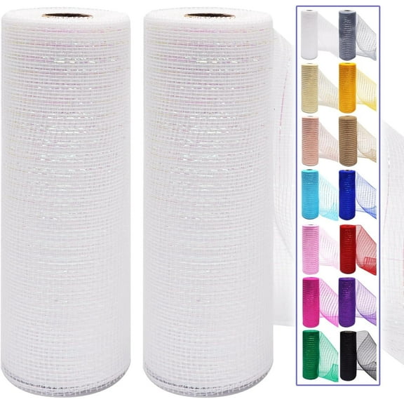 GoXteam 2 Rolls Mesh Ribbon for Wreaths 10 inch x 10 Yards Wreath Mesh Rolls with Shiny Metallic Foil for Easter Christmas Party Wedding Home Decor DIY Craft Projects and Gift Wrapping (WHite)