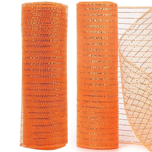 GoXteam 2 Rolls Mesh Ribbon for Wreaths 10 inch x 10 Yards Wreath Mesh Rolls with Shiny Metallic Foil for Easter Christmas Party Wedding Home Decor DIY Craft Projects and Gift Wrapping (Orange)
