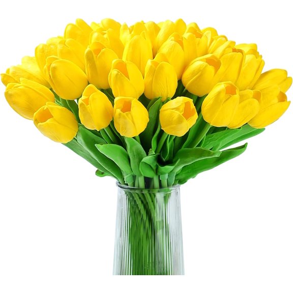 GoXteam 20 Pcs Yellow Color Tulips Artificial Flowers, Real Touch PU Tulip Stems in 6 Assorted Colors for DIY Bouquets, Wedding, Mother's Day, Easter Day