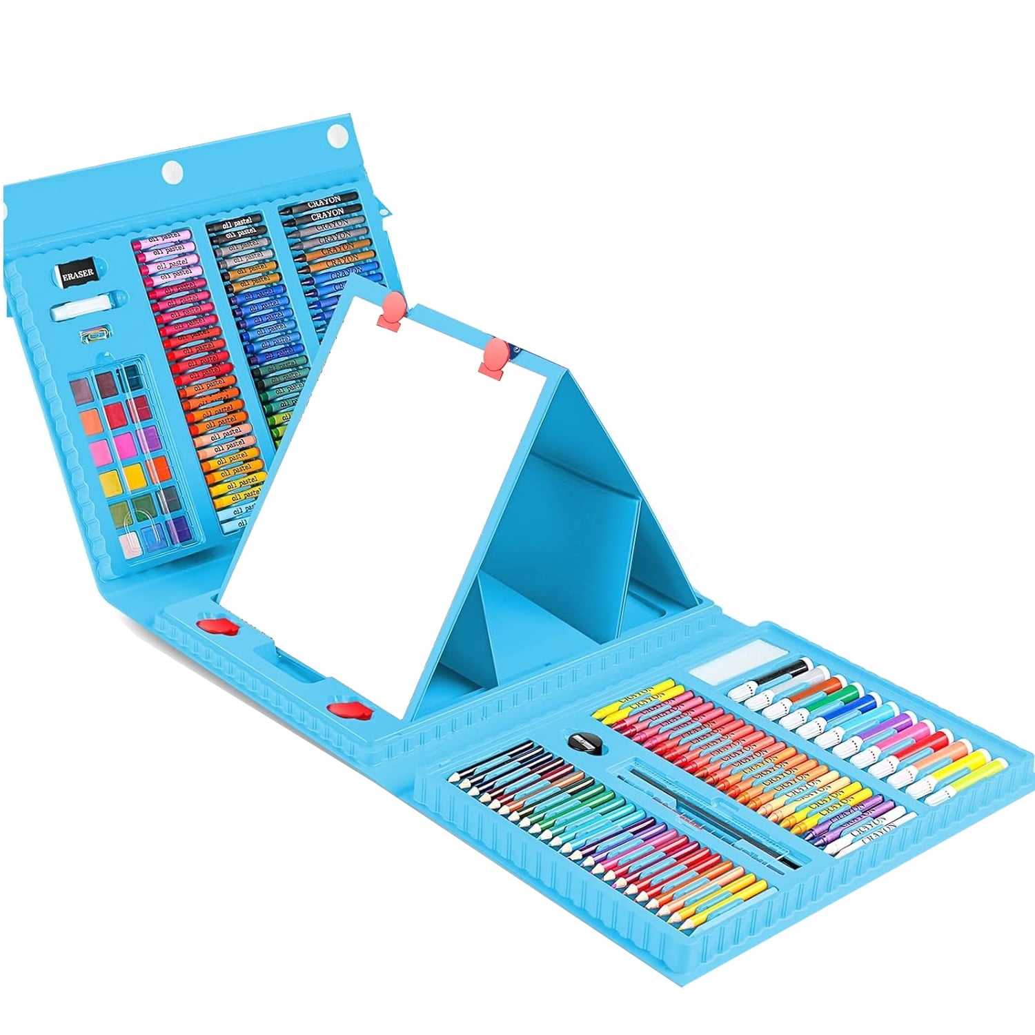 GoXteam 208-Piece Double-Sided Trifold Easel Art Set for Kids, Drawing Art Box with Oil Pastels, Crayons, Colored Pencils, Paint Brush, Watercolor Cakes, Drawing Board (Blue)