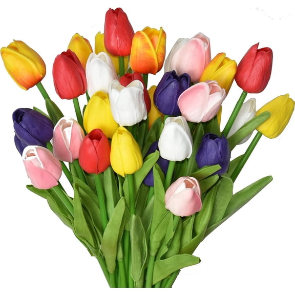 GoXteam 20PCS Artificial Tulip Flowers Real Touch Fake Tulips Bulk Spring Flower Tulips for Floral Arrangement Office Table Centerpiece Wedding Party Kitchen Home Decorations (5 Color)
