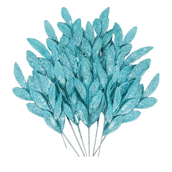 GoXteam 20PCS Christmas Artificial Leaves 13", Glitter Green Fake Floral Spray Picks Branches Twig for Xmas Tree Wreath Wedding Bouquet Decoration