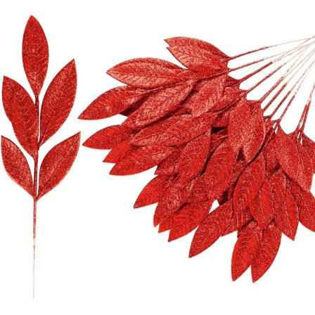 GoXteam 20PCS Christmas Artificial Leaves 13", Glitter Red Fake Floral Spray Picks Branches Twig for Xmas Tree Wreath Wedding Bouquet Decoration