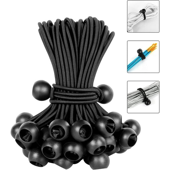 GoXteam 25 Pcs Ball Bungee Cords 8" Bulk Bungee Balls Heavy Duty Outdoor Indoor for Shelter Camping Canopy Cargo Tents Poles (Black)