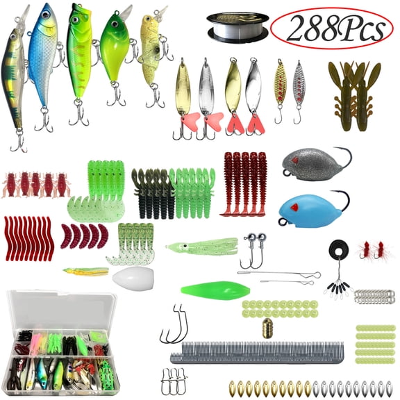 GoXteam 288pcs Fishing Lures Kit Set, Baits Tackle Including Crankbaits, Topwater Lures, Spinnerbaits, Worms, Jigs, Hooks, Tackle Box and More Fishing Gear Lures for Bass Trout
