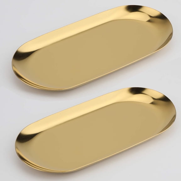 GoXteam 2Pcs Oval Stainless Steel Tray for Coffee Table, Living Room & Bathroom, Bathroom Clutter Serving Platter Small Storage Tray, 10" x 4", Golden