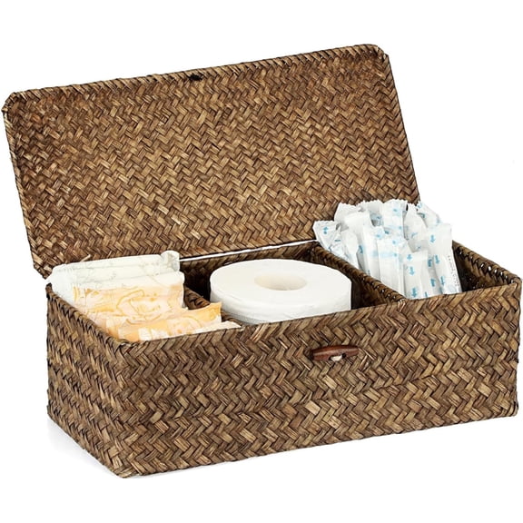 GoXteam 3 Compartment Hand-Woven Wicker Toilet Paper Storage Bin with Lid, Bathroom Organize Basket for Shelves, Kitchen Cabinets, Pantry, Bathroom, Closets, Khaki