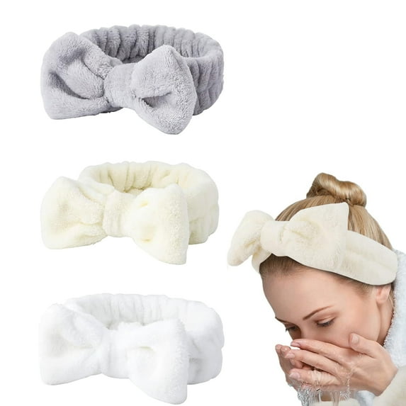GoXteam 3 PCS Face Wash Headband Wristband for Women Girls, Soft Microfiber Facial Spa Hair Wraps Makeup Skincare Bath Headbands for Washing Face (White, Beige, Gray)