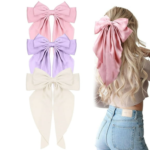GoXteam 3 PCS Oversized Ribbon Bows with Long Tails, Cute Aesthetic Large Barrettes for Women and Girls (Light Purple  Beige   Pink)