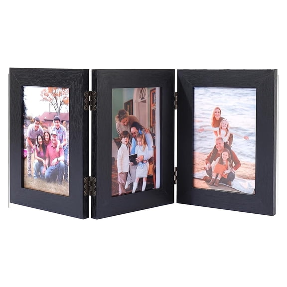 GoXteam 3 Picture Frame Triple Wooden Hinged 4x6 Photo Frame Definition Glass Stand Vertically on Desktop or Tabletop Black