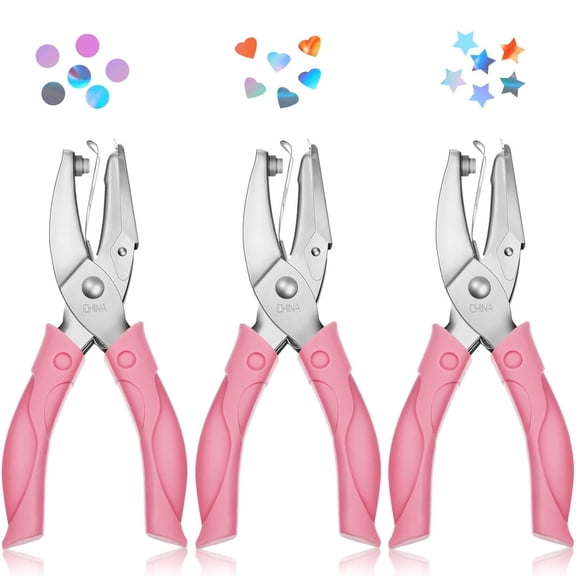 GoXteam 3 Pieces Handheld Hole Paper Punch, Heart + Round + Star Hole Punch 1/4" Metal Single Hole Paper Punch, with Soft-Handled for Tags Clothing Ticket