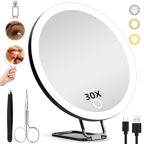 FASTBIRD 30x Magnifying Mirror with Light Suction Cup, Close Up Makeup Mirror for Tweezing with Stand, 3 Color Lighted Personal 30x Mirror for Closer Partial Details, Black
