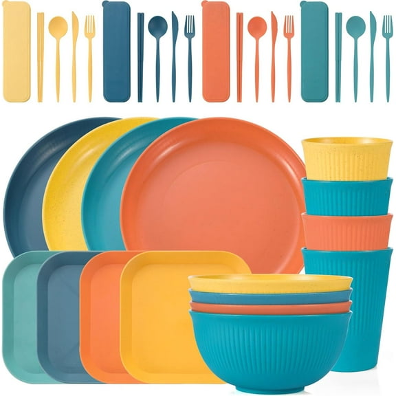 GoXteam 36PCS Wheat Straw Dinnerware Sets Unbreakable Reusable Dinnerware Set for 4, Microwave Dishwasher Safe Dinnerware for Outdoor Camping Dishes