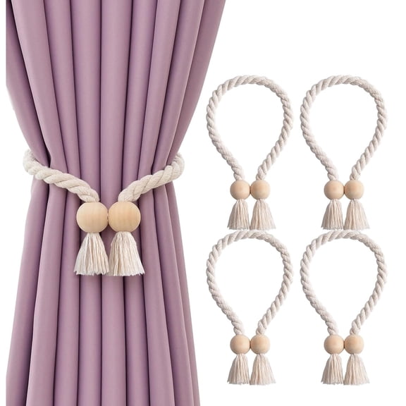 GoXteam 4 Pack Beige Magnetic Curtain Tiebacks Cotton Hand Woven Tieback Holdback Decorative Tie Backs for Drapes with Wooden Buckle
