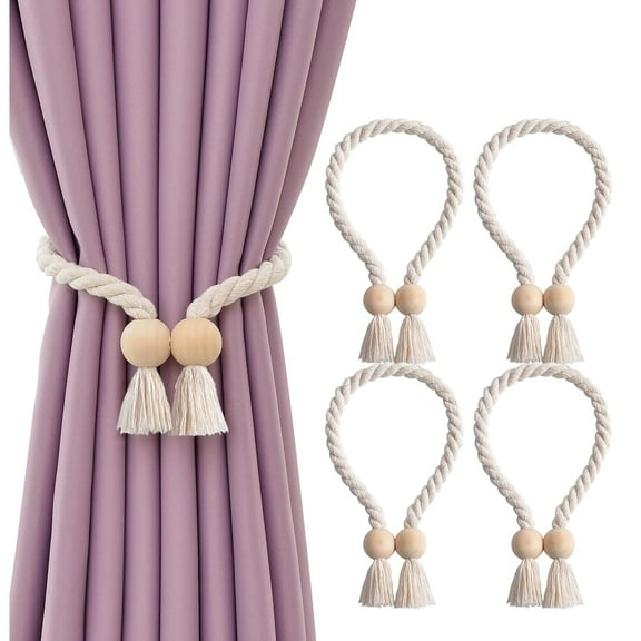 GoXteam 4 Pack Beige Magnetic Curtain Tiebacks Cotton Hand Woven Tieback Holdback Decorative Tie Backs for Drapes with Wooden Buckle