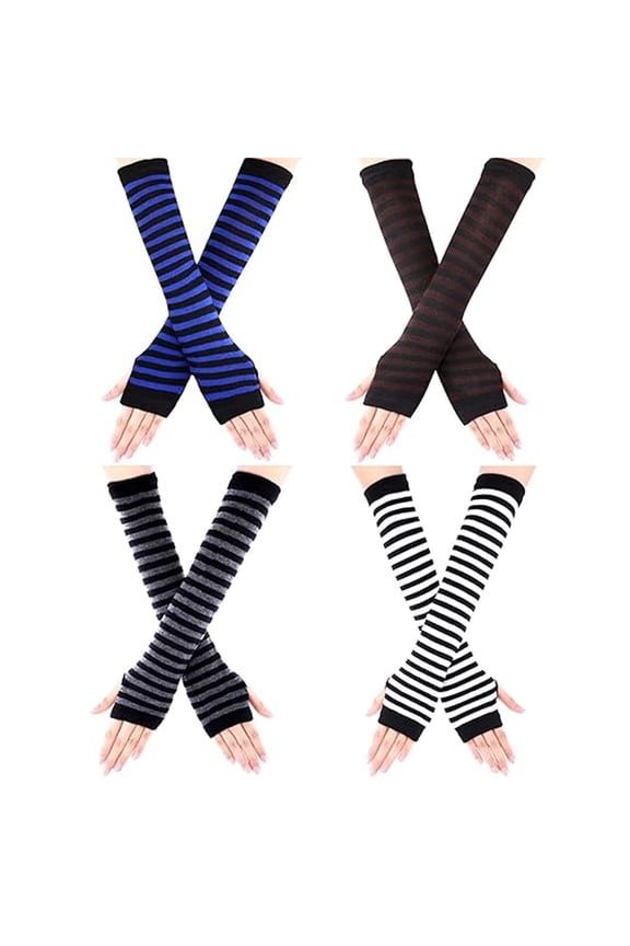 4 Pairs Women's Knit Arm Warmers, Long Fingerless Gloves, Elbow Length, Thumb Hole, Winter (White, Grey, Blue, Coffee)