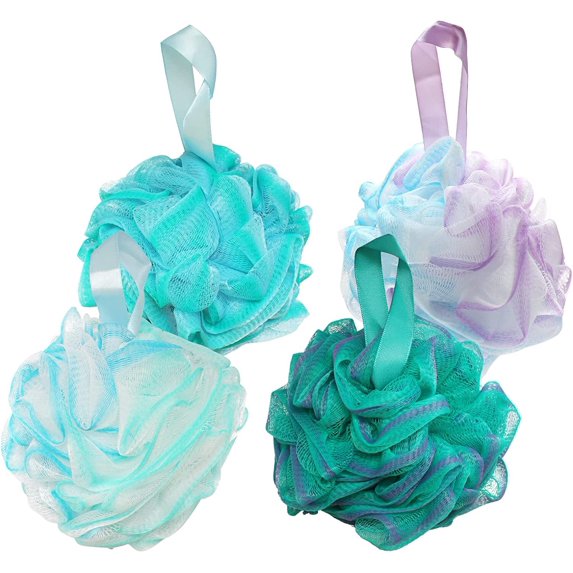 GoXteam 4 Pieces Shower Puff Exfoliating Bath Sponge Mesh Pouf Bath Loofahs Body Wash Sponges Scrubber for Bathing (Gradient)