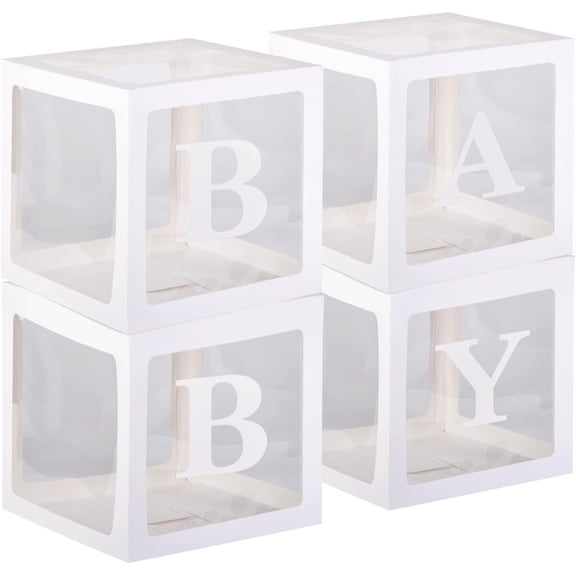 GoXteam 4PCS White Clear Baby Boxes With Baby Letters Party Decoration - Transparent Ballon Boxes Backdrop - Baby Shower Birthday Party ,Gender Reveal, Wedding