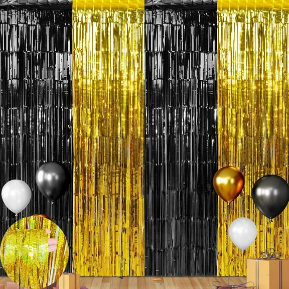 GoXteam 4Packs 3.3ft x 9.8ft Gold Black Tinsel Foil Fringe Curtains Photo Booth Props for Engagement Bridal Shower Bachelorette Baby Shower Bachelorette Holiday Celebration Party Decorations