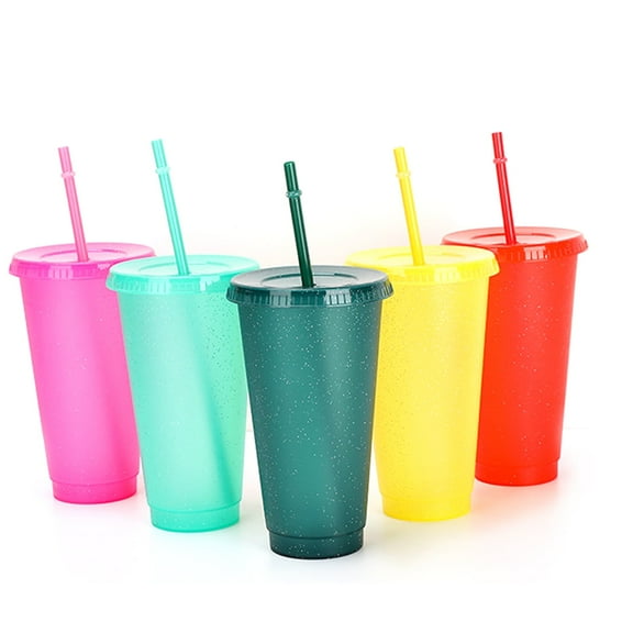 GoXteam 5 Packs Kids Reusable Cups with Lids and Straws, Colorful Water Bottle Iced Coffee Travel Mug Cup Adults Kids Plastic Tumbler Cups for Party Birthdays, Smoothie, Milk, Drinks