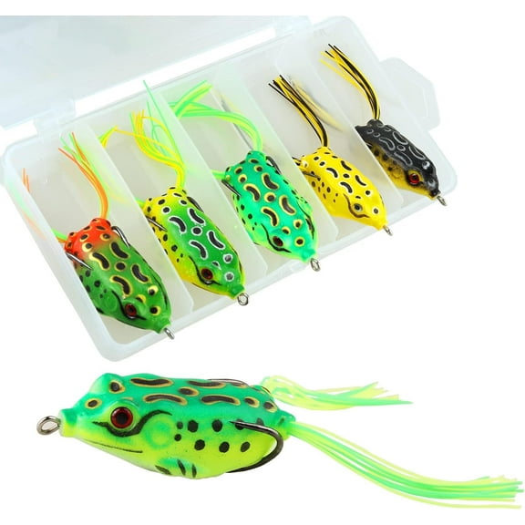 GoXteam 5pcs Topwater Frog Lures Sets with Bait Box, Frog Lure Ray Frog Topwater Fishing Crankbait Lures, Frog Artificial Soft Bait for Bass Snakehead, Weedless Freshwater Soft Simulated Frog Bait