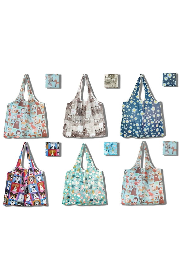 6 Pack Mixed Color Reusable Grocery Bags with Handles Bulk Heavy Duty, Shopping Foldable Kitchen Bags Large Machine Washable for Pocket Nylon Tote, Polyester Cloth