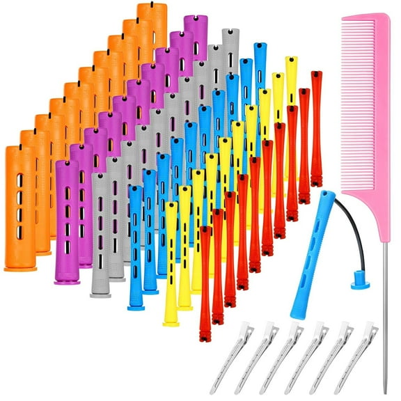 GoXteam 67Pcs Hair Perm Rods Set, 6 Sizes Plastic Hair Cold Wave Rods, Hair Curlers Rollers with Comb for Long Short Straight Curly Natural Hair DIY Hairdressing Styling Tools, Random Color