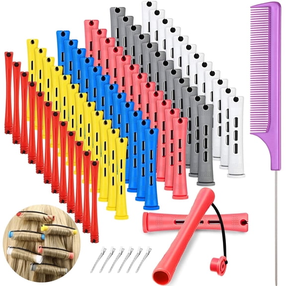 GoXteam 67Pcs Perming Rods Set - 6 Sizes Cold Wave Rollers with Rat Tail Combs, Clips for Long and Short Natural Hair Styling, Hairdressing Kit, Random Color