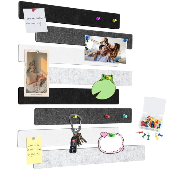 GoXteam 8 Pack Felt Pin Board Bar Strips - Self-Adhesive Lightweight Bulletin Board - Cork Board for Office with 40 Push Pins No Damage for Wall, Black White Gray