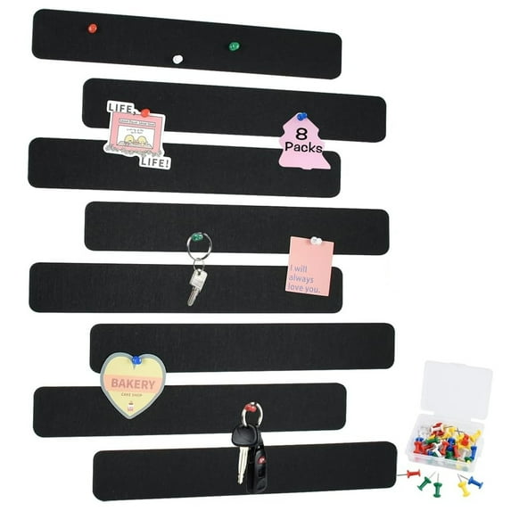 GoXteam 8pcs Bulletin Board Bar Strips with 50 Pushpins, Self Adhesive Cork Board for Wall, Felt Pin Board for School, Office Decor (Black)