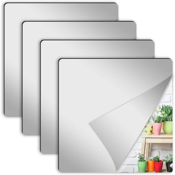 GoXteam Acrylic Mirror Sheet, 4 Pack Flexible Shatterproof Non Glass Body Mirror Tiles Large Self Adhesive Mirror Stickers for Bathroom Bedroom Home Baby Playroom Gym Wall Decor (12" x 12")