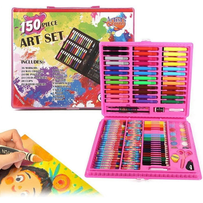 GoXteam Art Set, 150 PCS Art Supplies, Coloring Drawing Painting kit,  Markers Crayons Colour Pencils, Gift for Kids Teens Boys Girls (Pink) 