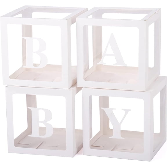 GoXteam Baby Boxes with 4 Letters for Baby Shower Decorates, 4 Pcs Clear Balloon Boxes Baby Boy Girl Blocks for Girls Birthday Party Decoration