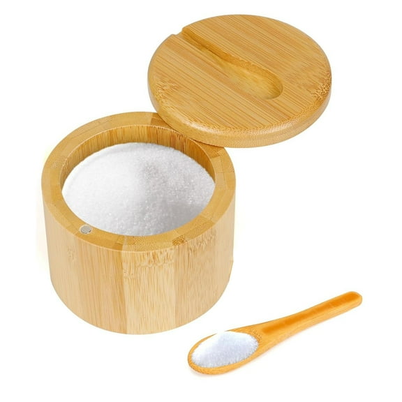 GoXteam Bamboo Salt Cellar Spice Box with Magnetic Swivel Lid & Spoon, Bamboo Storage Box Salt Container to Storage Pepper, Table Salt, Gourmet Salts, Spice, Sugar