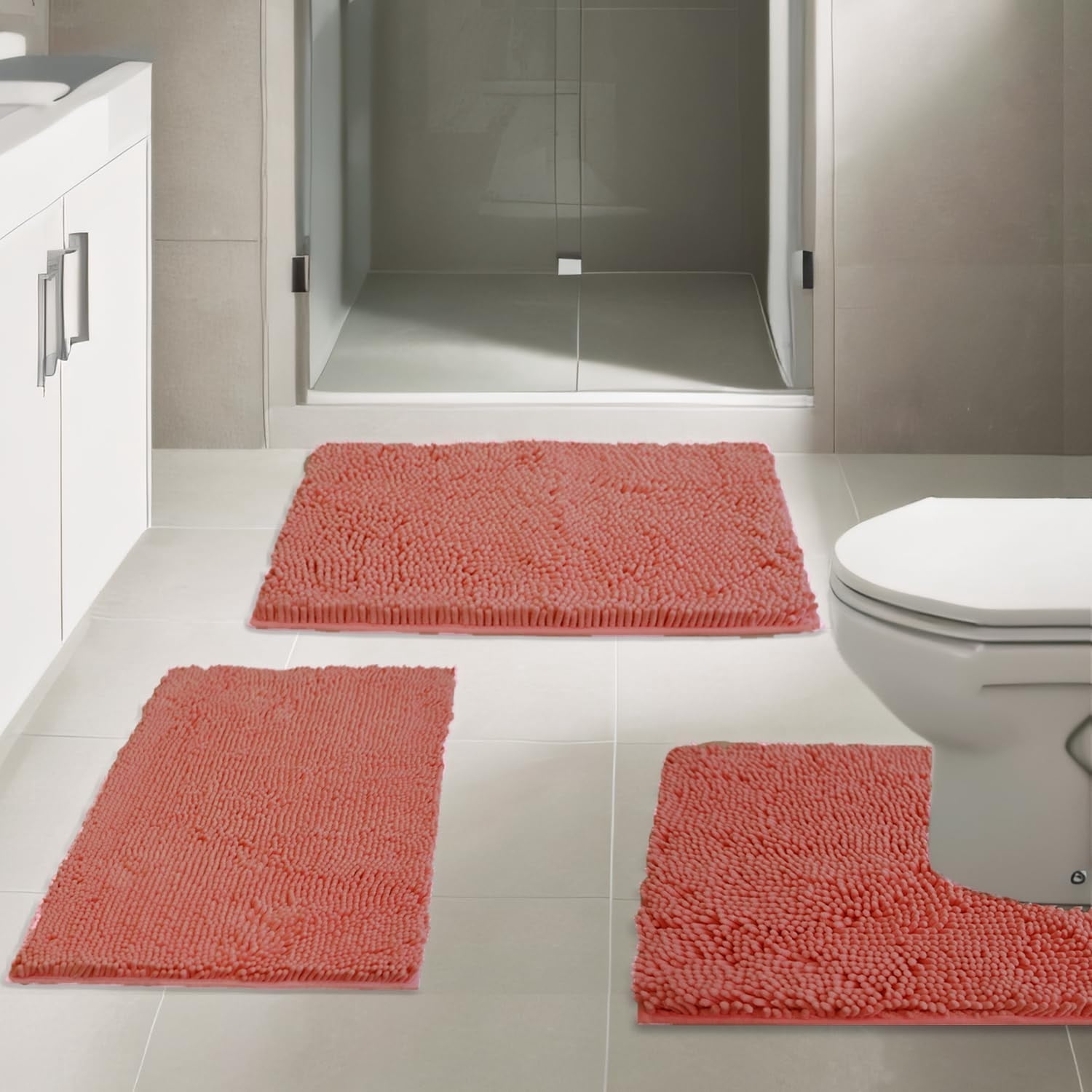 GoXteam Bathroom Rugs Chenille Bath mat 3 Piece Set, Super Absorbent, Strong PVC Non Slip Backing, Bath mats for Bathroom, Plush Shaggy, Thick, Machine Washable, Bathtub, Toilet, Coral