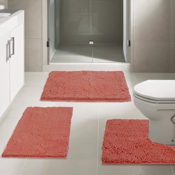 GoXteam Bathroom Rugs Chenille Bath mat 3 Piece Set, Super Absorbent, Strong PVC Non Slip Backing, Bath mats for Bathroom, Plush Shaggy, Thick, Machine Washable, Bathtub, Toilet, Coral