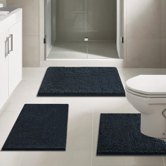 GoXteam Bathroom Rugs Chenille Bath mat 3 Piece Set, Super Absorbent, Strong PVC Non Slip Backing, Bath mats for Bathroom, Plush Shaggy, Thick, Machine Washable, Bathtub, Toilet, Dark Gray