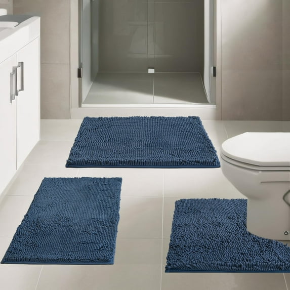 GoXteam Bathroom Rugs Sets of 3, Super Soft Absorbent Bath mat Set,with U-Shaped Toilet Rug,Strong PVC Underside Bathroom Rug,Antiskid Bath mats Washable Bathroom Mat, Misty Blue