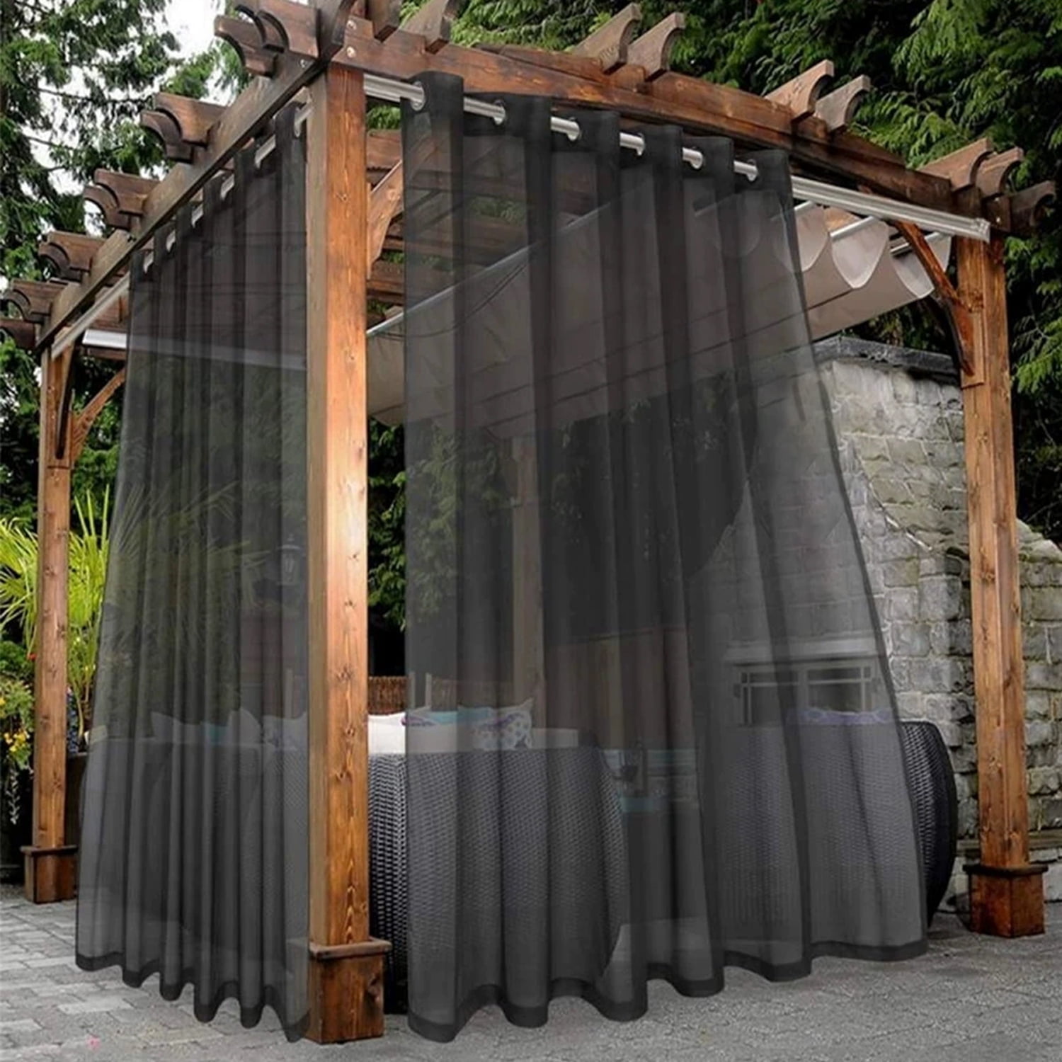 GoXteam Black Outdoor Sheer Curtains for Patio Waterproof, 2 Panels Grommet Indoor Voile Sheer Curtain for Living Room, Bedroom, Porch, Pergola, Cabana, 52 x 84 inch