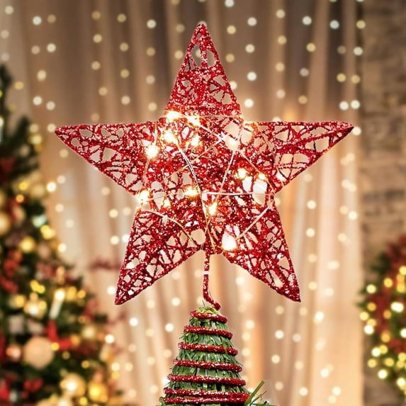 GoXteam Christmas Tree Toppers, Glitter Red Star Tree Topper Lighted with LED Warm White Lights for Xmas Tree Decorations, Holiday Party Indoor Decor