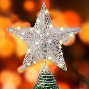 GoXteam Christmas Tree Toppers, Glitter Silver Star Tree Topper Lighted with LED Warm White Lights for Xmas Tree Decorations, Holiday Party Indoor Decor
