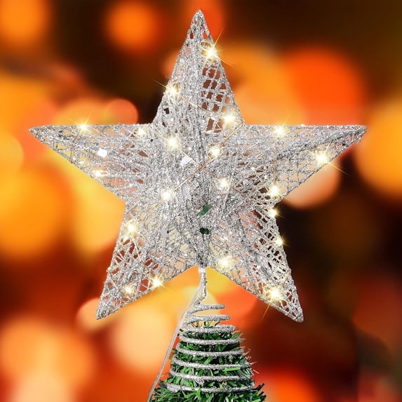 GoXteam Christmas Tree Toppers, Glitter Silver Star Tree Topper Lighted with LED Warm White Lights for Xmas Tree Decorations, Holiday Party Indoor Decor