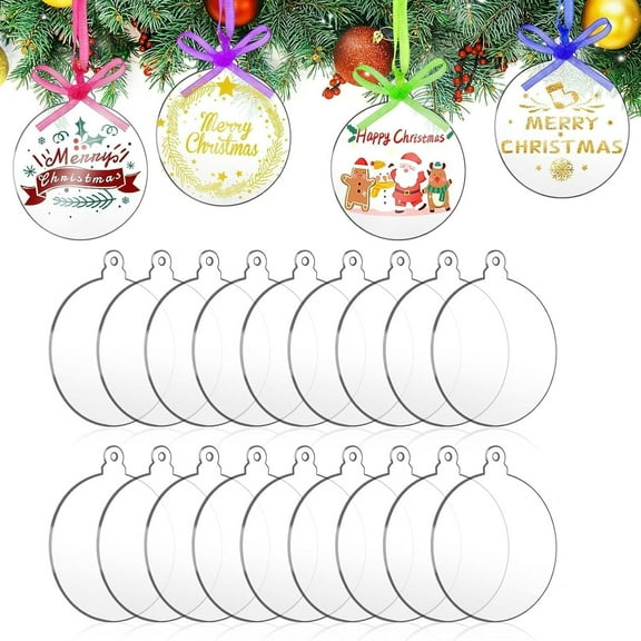 GoXteam Clear Round Acrylic Christmas Ornament, 2mm Extra Thick, DIY Bulk Blank Circle Bulb Xmas Bauble Tree Decorations, Stocking Name Tag, Holiday Tags, Momento, 20 Pack