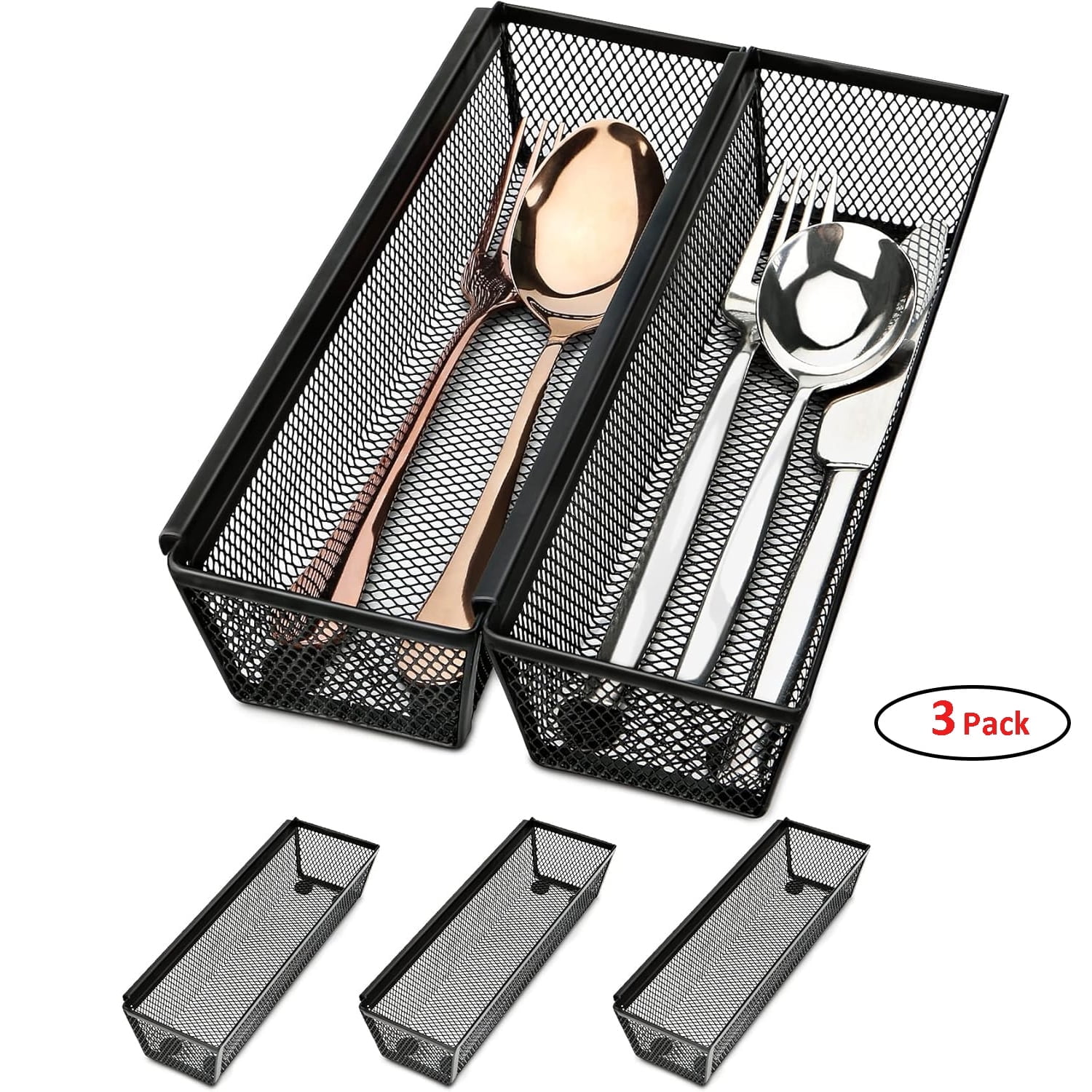 GoXteam Compact Utensil Organizer For Kitchen Drawer Silverware, Silverware Organizer Flatware Tray, Small, Black, 3 Pack