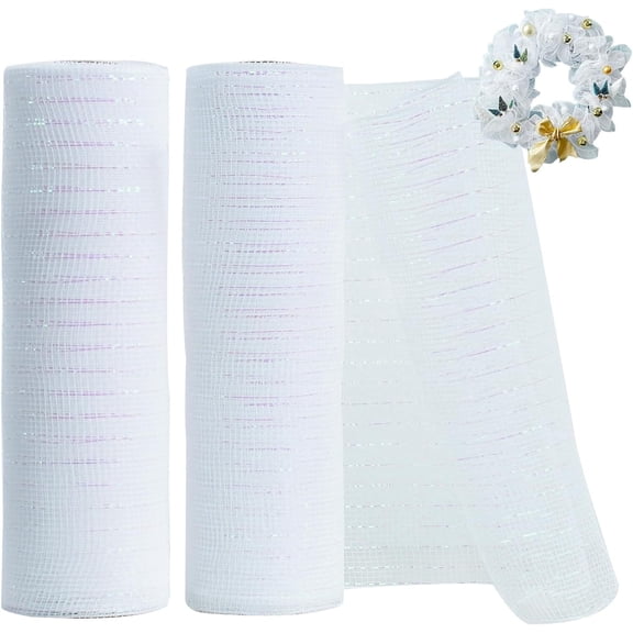 GoXteam Deco Mesh Ribbon, 10 inch 10 Yards Decorative Mesh Roll for Wreath Supplies Crafts Christmas Tree Garland Easter Valentine Mardi Gras Decoration (White, 2 Rolls)