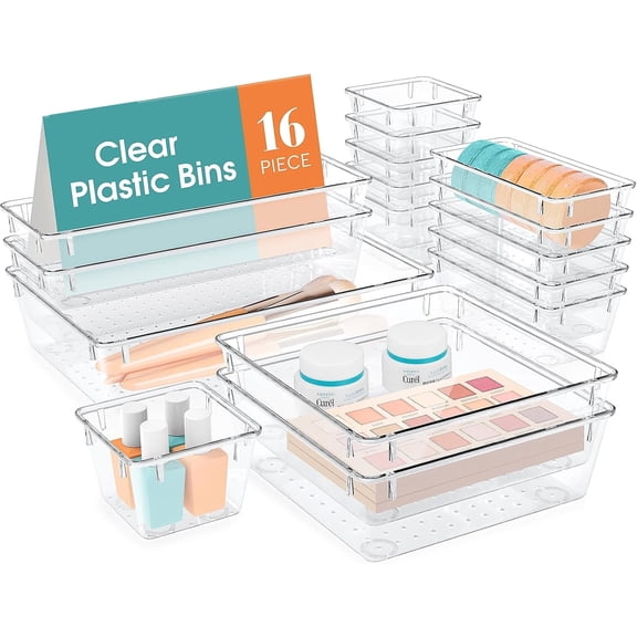 GoXteam Drawer Organizers Set of 16, 5 Sizes Clear Plastic Drawer Organizers and Storage Bins for Kitchen, Bathroom, Office, Dresser Desk Drawer Organizer Tray for Jewelry, Makeup, Junk, Gadgets